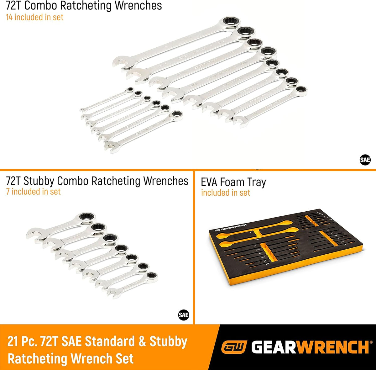GEARWRENCH 21 Piece 72T SAE Standard & Stubby Ratcheting Wrench Set with EVA Foam Tray - 86526