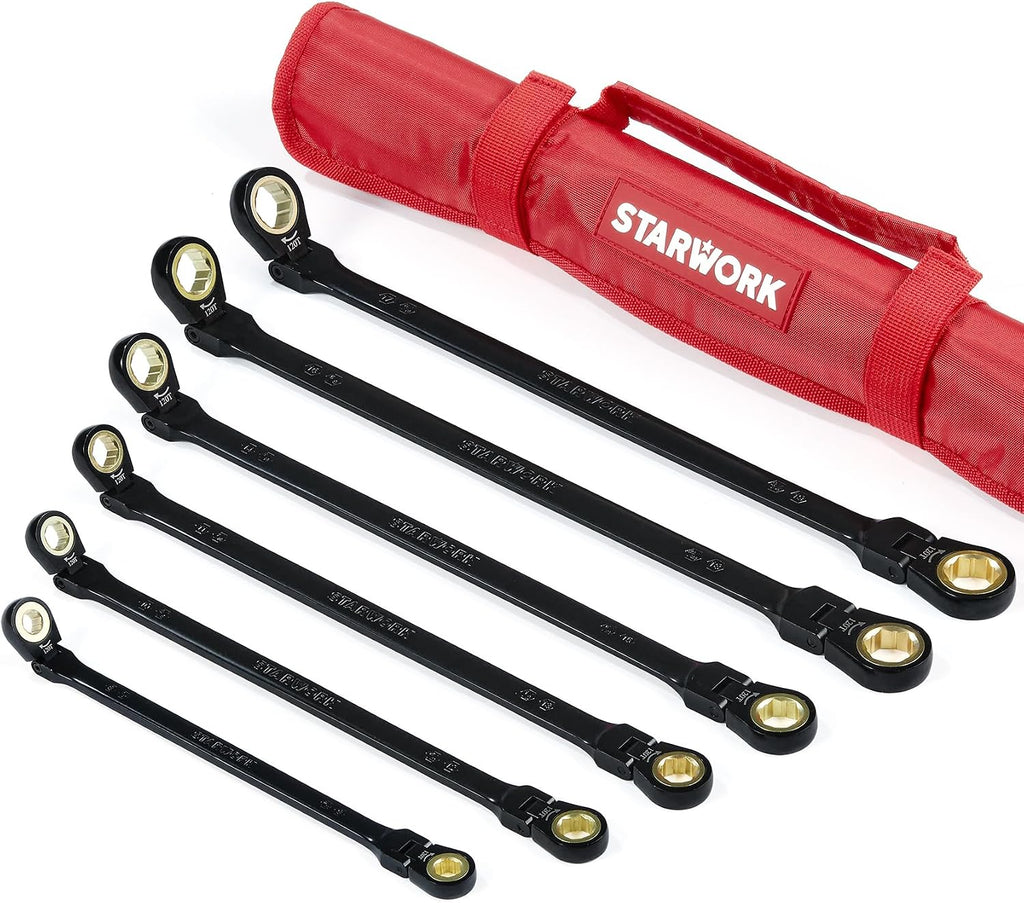 STARWORK TRUE MECHANIC™ 6-Piece 4-in-1 Extra Long Flex-Head Ratcheting Wrench Set with Rolling Pouch, Double Box End, 120-Tooth, SAE&Metric