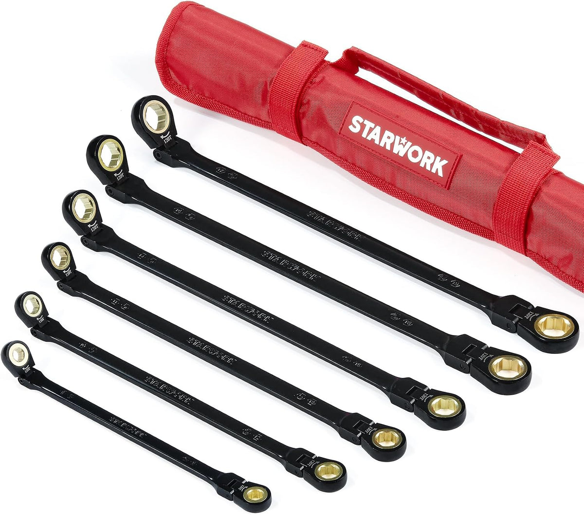 STARWORK TRUE MECHANIC™ 6-Piece 4-in-1 Extra Long Flex-Head Ratcheting Wrench Set with Rolling Pouch, Double Box End, 120-Tooth, SAE&Metric