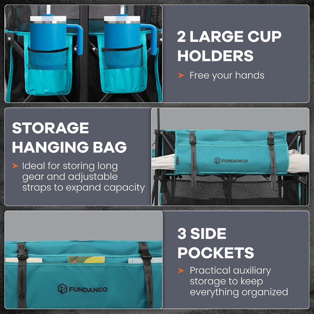 FUNDANGO Double Decker Wagon with High Extender & Tailgate, 660L XXL Foldable Collapsible Double Wagons, Heavy Duty Grocery Cart with All-Terrain Wheels for Camping, Baseball/Softball Gear, Home