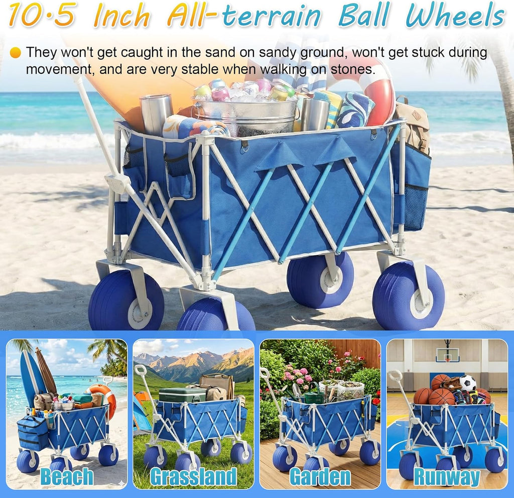 Beach Wagon with Big Wheels for Sand, Heavy Duty 350lbs Folding Beach Wagon with 10.5' All-Terrain Inflatable Wheels, Utility Cart for Camping, Outdoor Shopping, Garden & Sports, Includes Air Pump