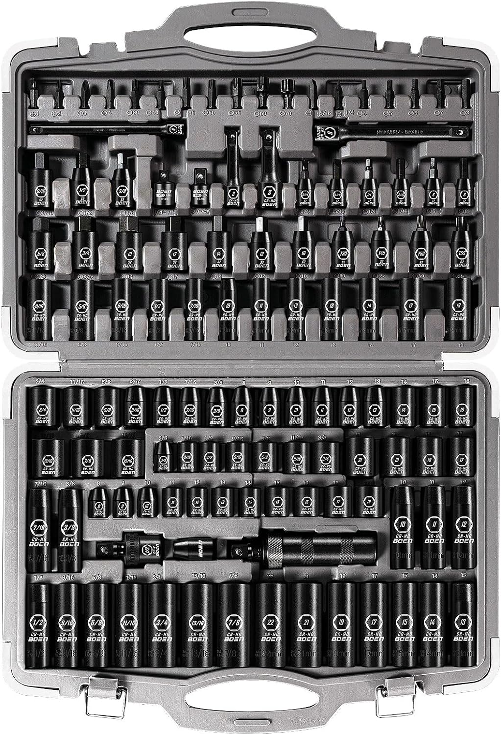 boen 119 Piece Impact Socket Set, 1/2' & 3/8' Drive Socket Set Deep/Shallow SAE/Metric, Cr-MO & S2, 6 Point, Impact Bit, Allen Sockets Included