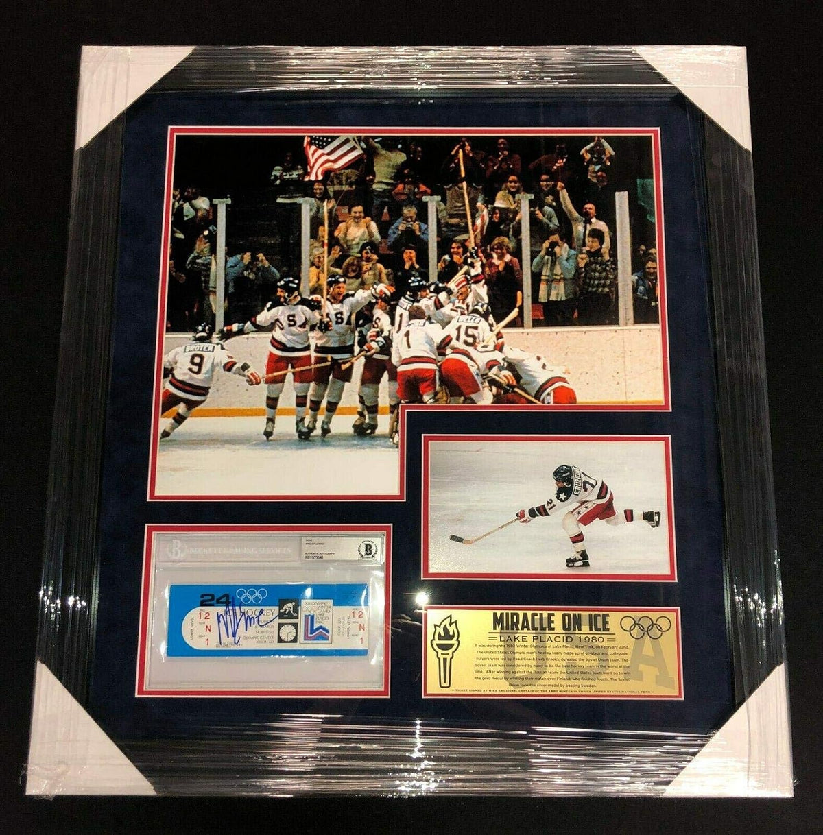 MIKE ERUZIONE SIGNED 1980 Miracle on Ice TEAM USA FRAMED GOLD MEDAL TICKET BAS - Autographed Olympic Tickets