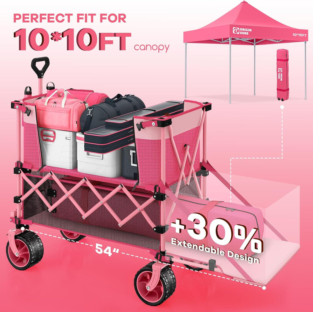 400L Double Decker Wagon Collapsible with 54' L Tailgate, 560lbs Heavy Duty Wagons Carts Foldable, Extra Large Folding Beach Wagon with Big All-Terrain Wheels for Camping, Sports, Groceries, Pink