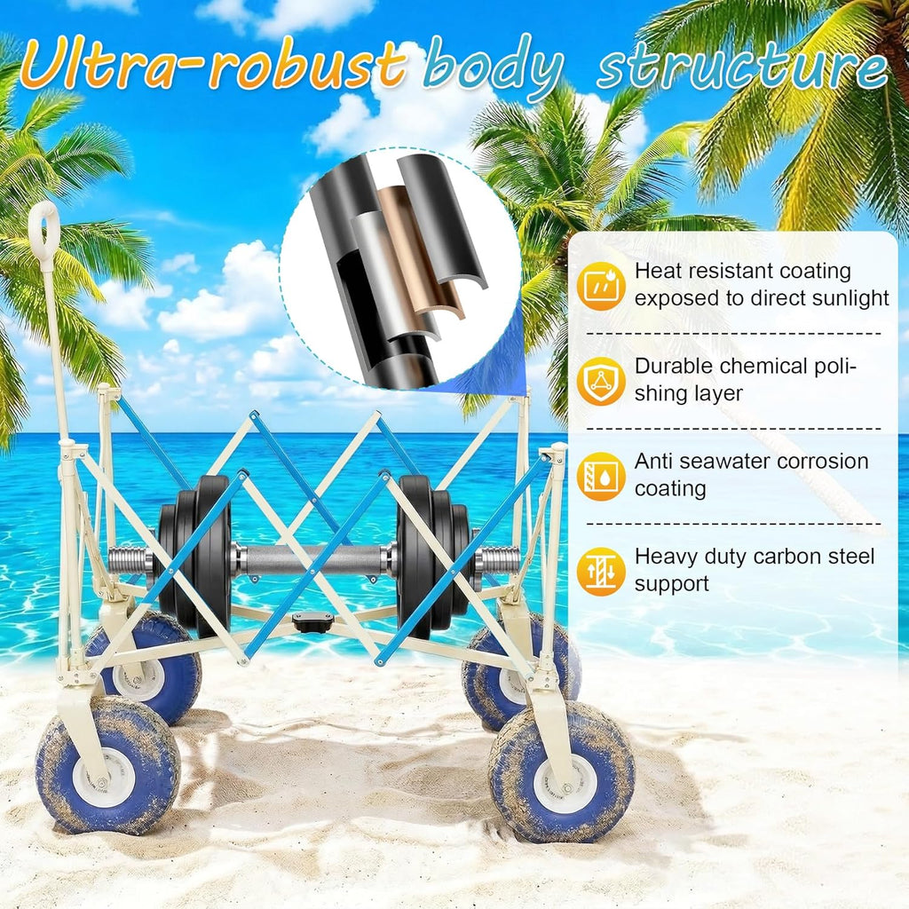Beach Wagon with Big Wheels for Sand, Heavy Duty 350lbs Folding Beach Wagon with 10.5' All-Terrain Inflatable Wheels, Utility Cart for Camping, Outdoor Shopping, Garden & Sports, Includes Air Pump