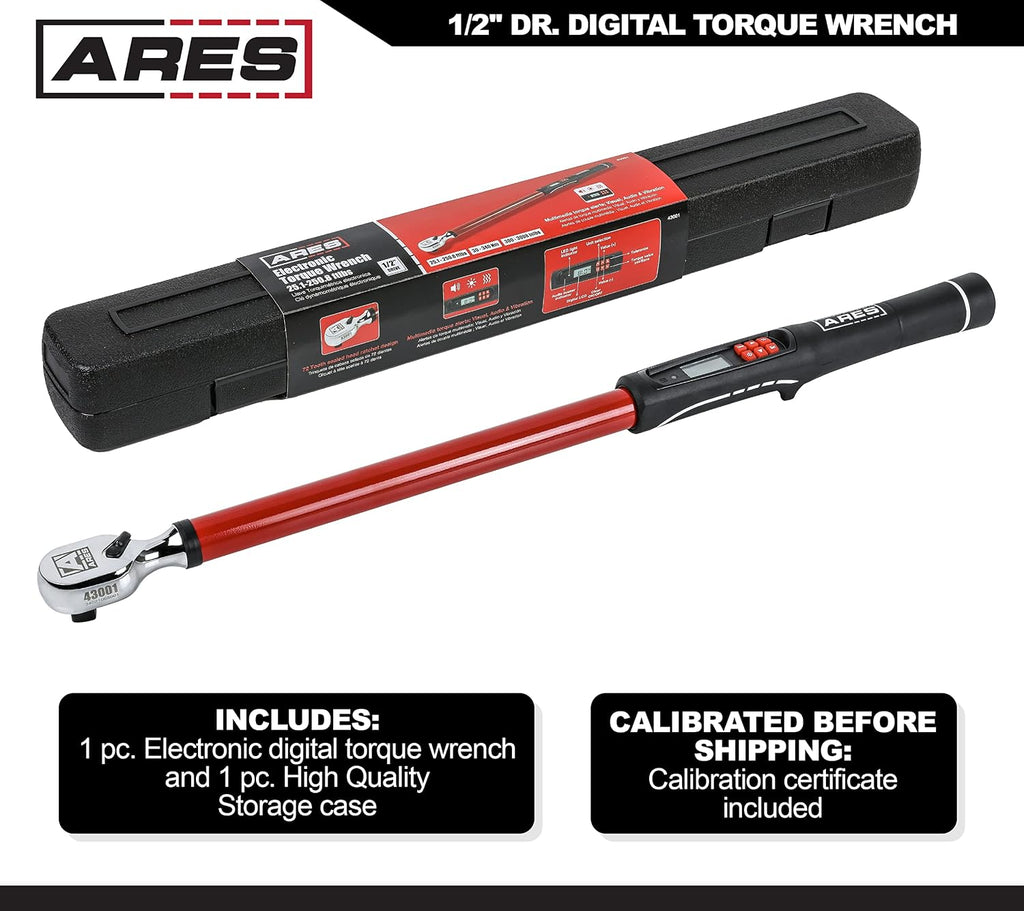 ARES 43001-1/2-Inch Drive Digital Torque Wrench – 25.1-250.8 ft-lb (30-340 Nm) Electronic Reversible Ratchet, Audio/Visual Multi-Alert, ±2% Accuracy – For Auto, Motorcycle, Mechanics