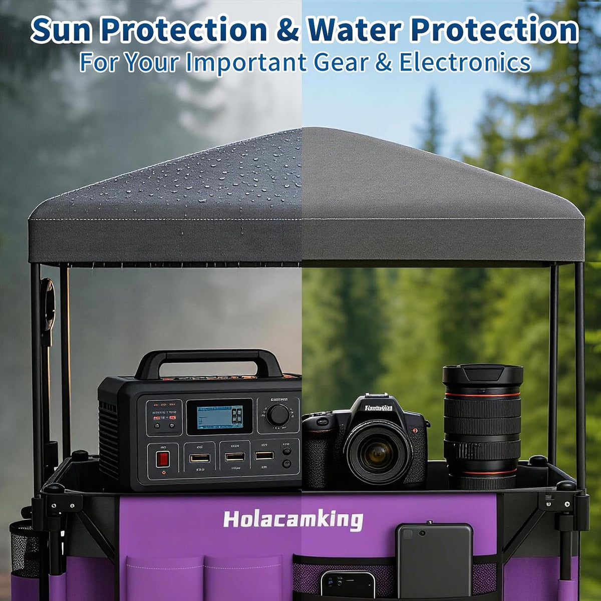 Collapsible Canopy Wagon Cart, Heavy Duty Utility Wagon with Removable Sun Cover, All-Terrain Big Wheels, Dual Brakes, Extra Large Grocery Cart for Beach Camping Sports Tailgates (Purple)