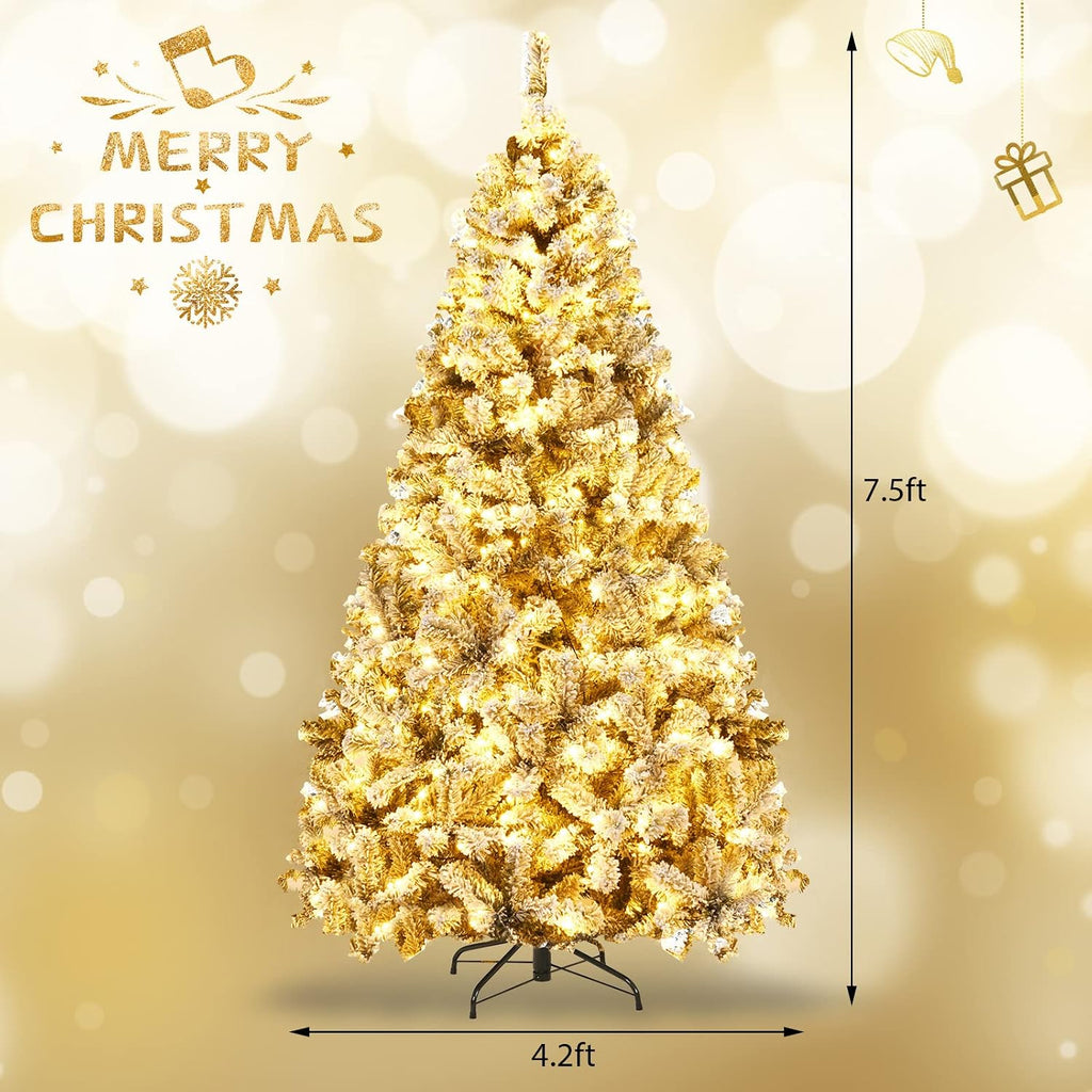 COSTWAY 7.5 FT Pre-Lit Christmas Tree, Snow Flocked Hinged Xmas Tree with 1010 Branches Tips & 450 LED Lights, Metal Stand, Artificial Pine Lighted Holiday Tree for Home Office Decorations