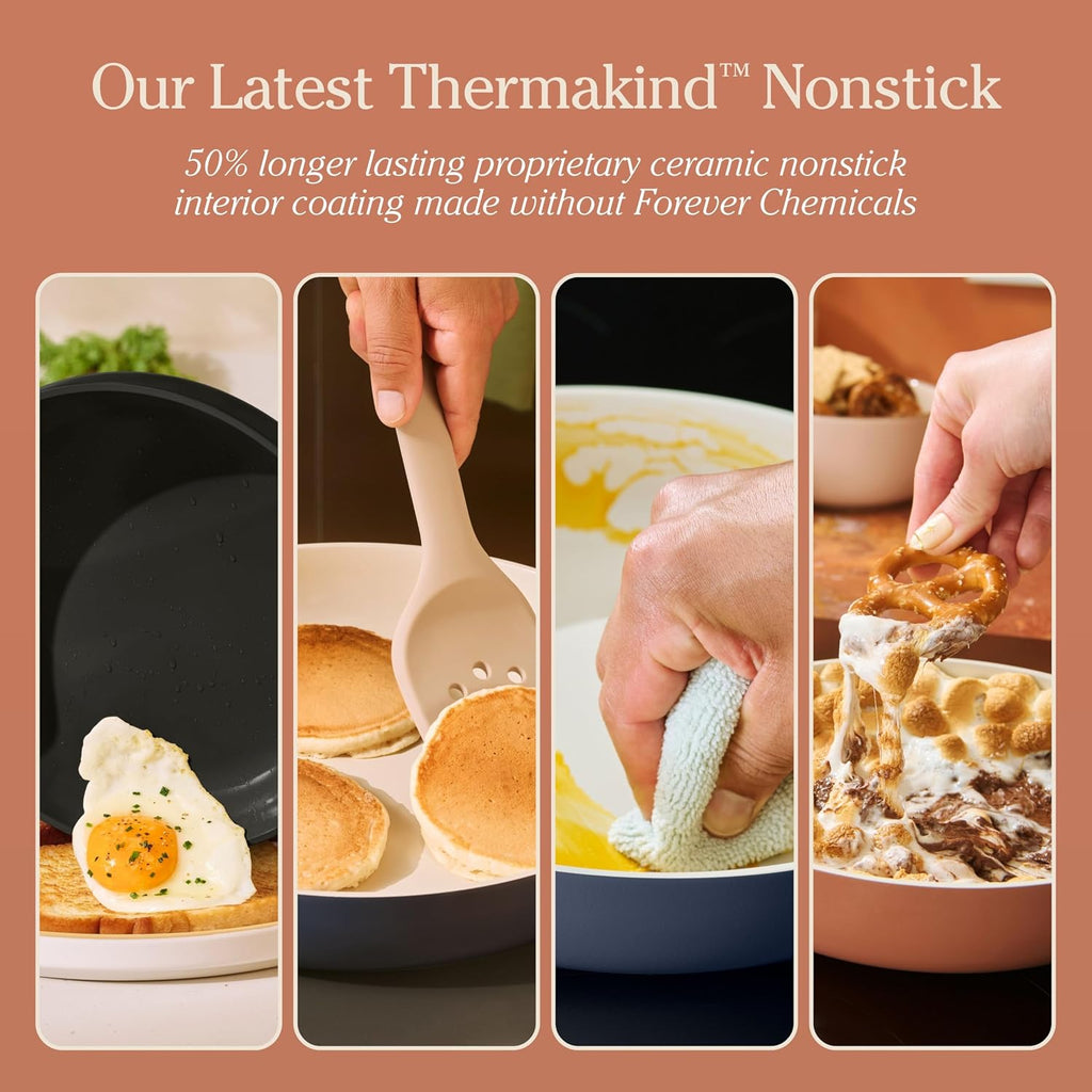 Our Place 17-Piece Essentials Complete Cookware Set - Ceramic Fry Pans, Saucepans, Sauté Pan, Stock Pot, Strainer Basket & Modular Storage | Thermakind™ Nonstick, Oven Safe up to 450°F | Cream