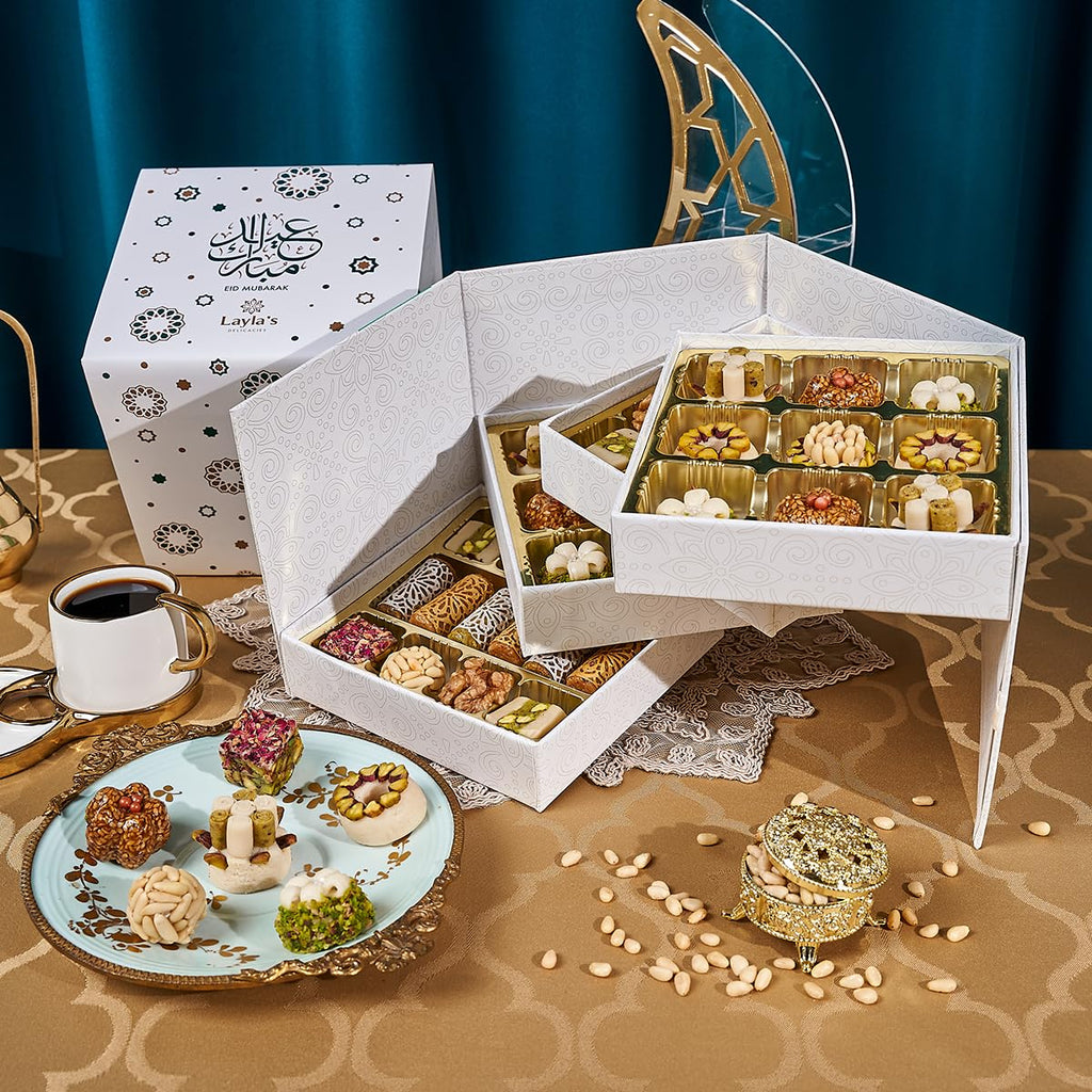 Layla's Delicacies Mediterranean Treats Gift Box for Eid Mubarak - Handmade Healthy Mixed Nutty Flavors Pastries - Halal, Vegetarian, Gluten Free - 46 Bite-Size Treats