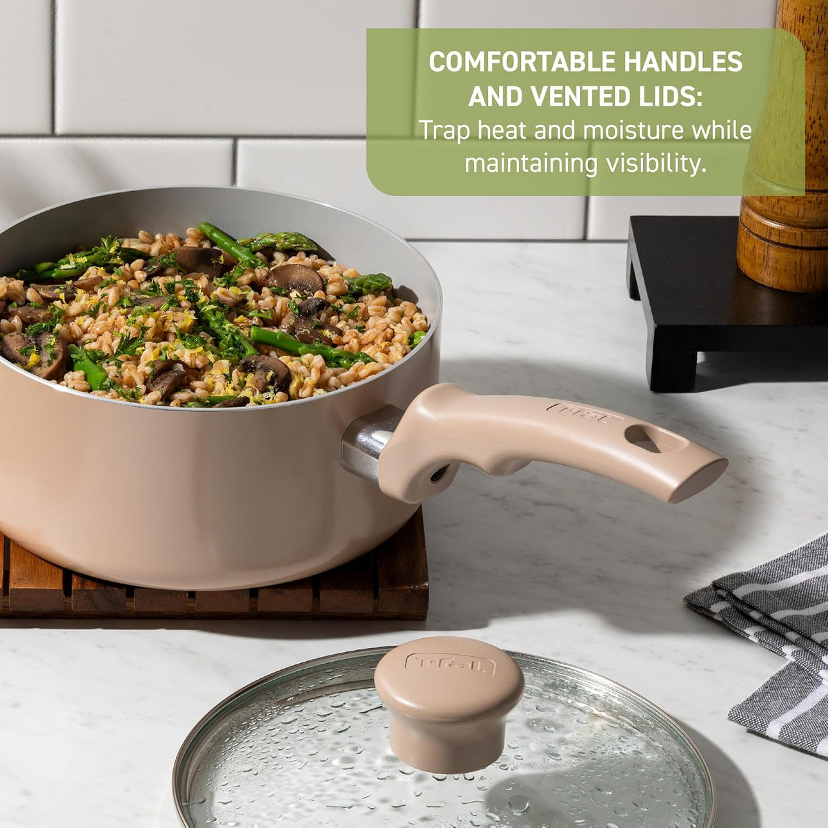 T-Fal Refresh Ceramic Nonstick Cookware Set, 20-Piece, Oven Safe to 350°F, Stockpot, Ceramic Pots and Pans Set, Frying Pans, Griddle, Utensils, Mint Green