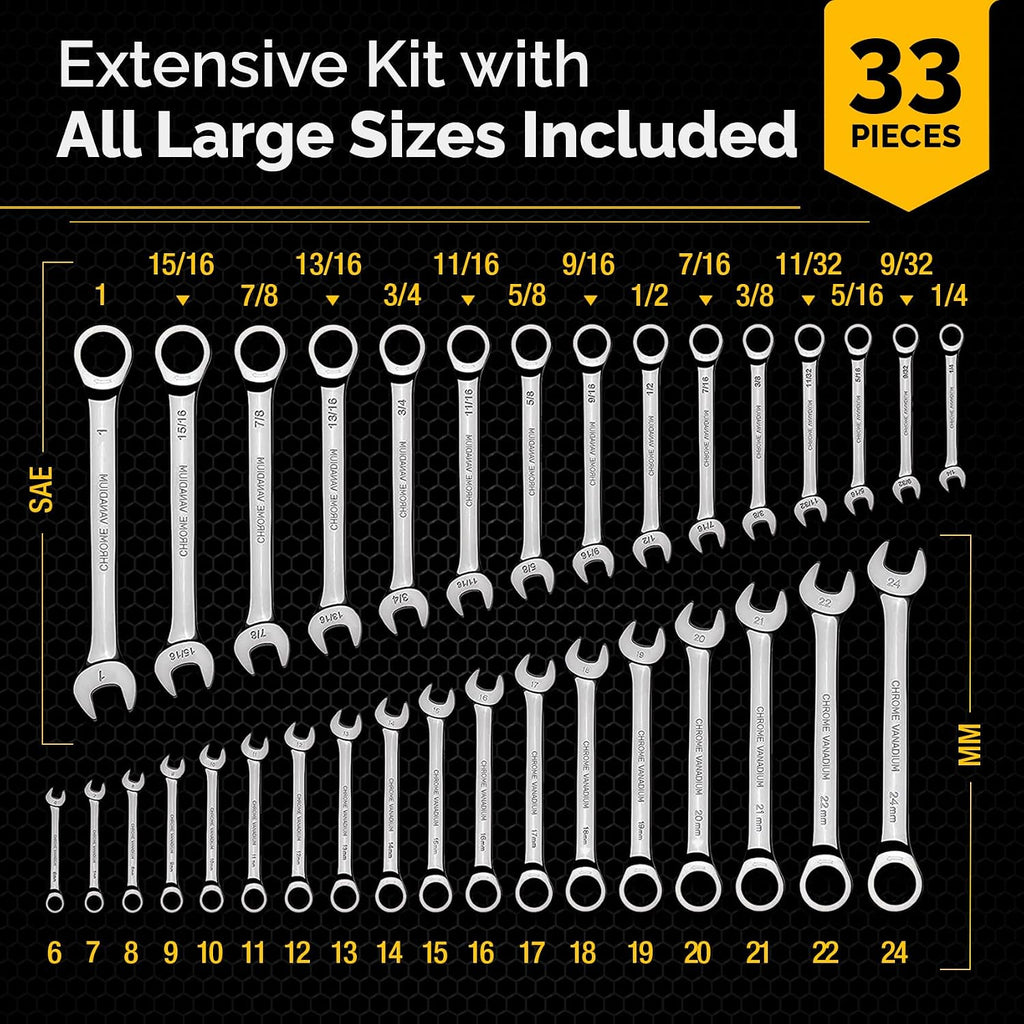 Ratcheting Wrench - Slim Profile - Ratchet Wrench, 33pcs - Metric and Standard Combination Large Wrench Set