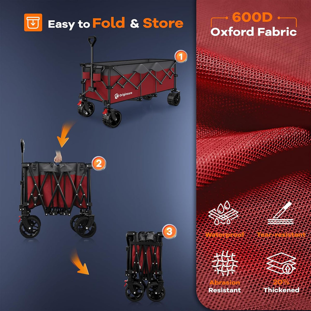Originsure 48' L Collapsible Wagon Cart Foldable, 560lbs Weight Capacity 300L Heavy Duty Folding Beach Wagons with Big All-Terrain Wheels, Utility Carts for Groceries, Camping, Sports - Grey&Red