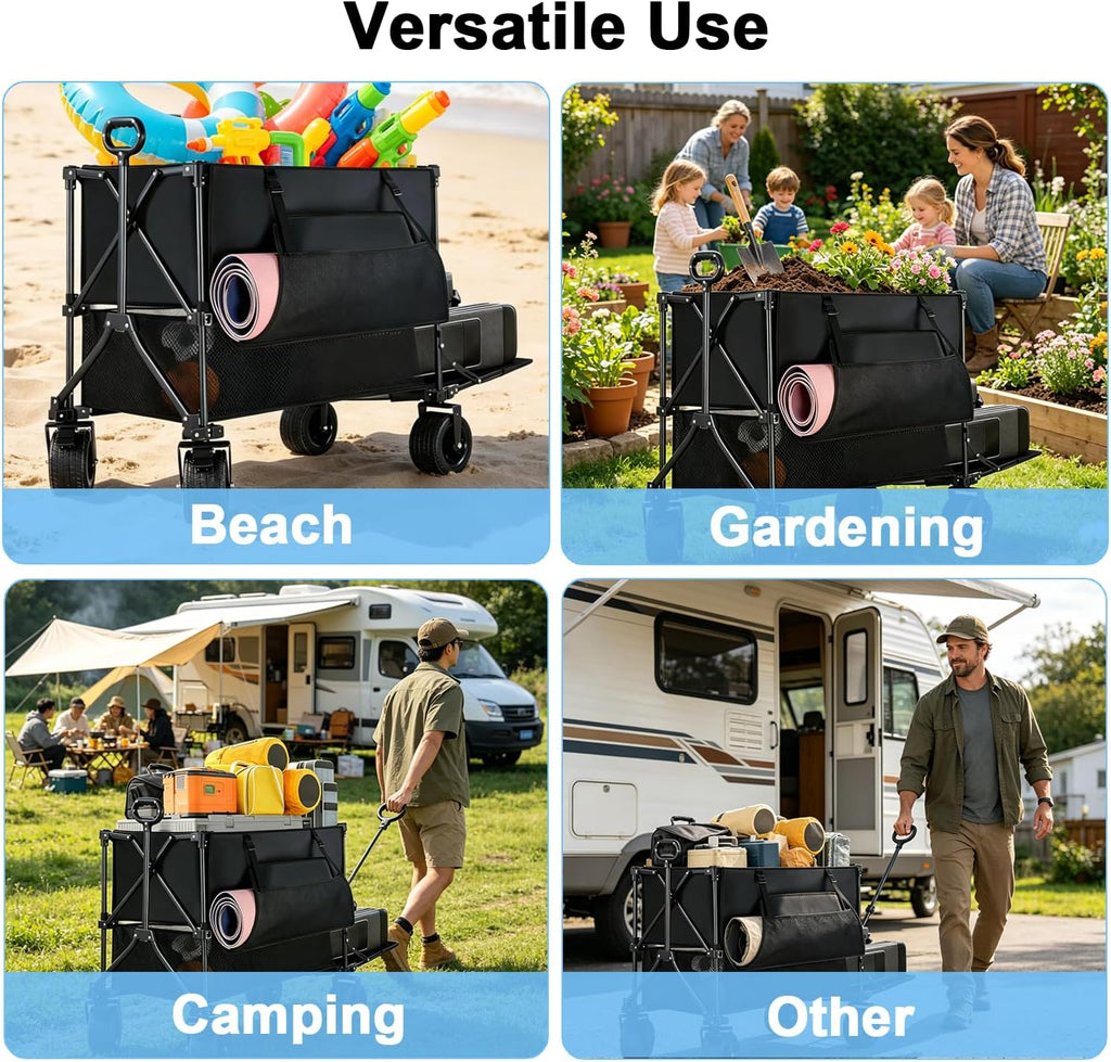 700lb Double Decker Wagon Collapsible Cart Foldable Heavy Duty Wagon Collapsible，400L,54' Extended Foldable Cart with Wheels for Camping Fishing & Outdoor Use, Beach cart，