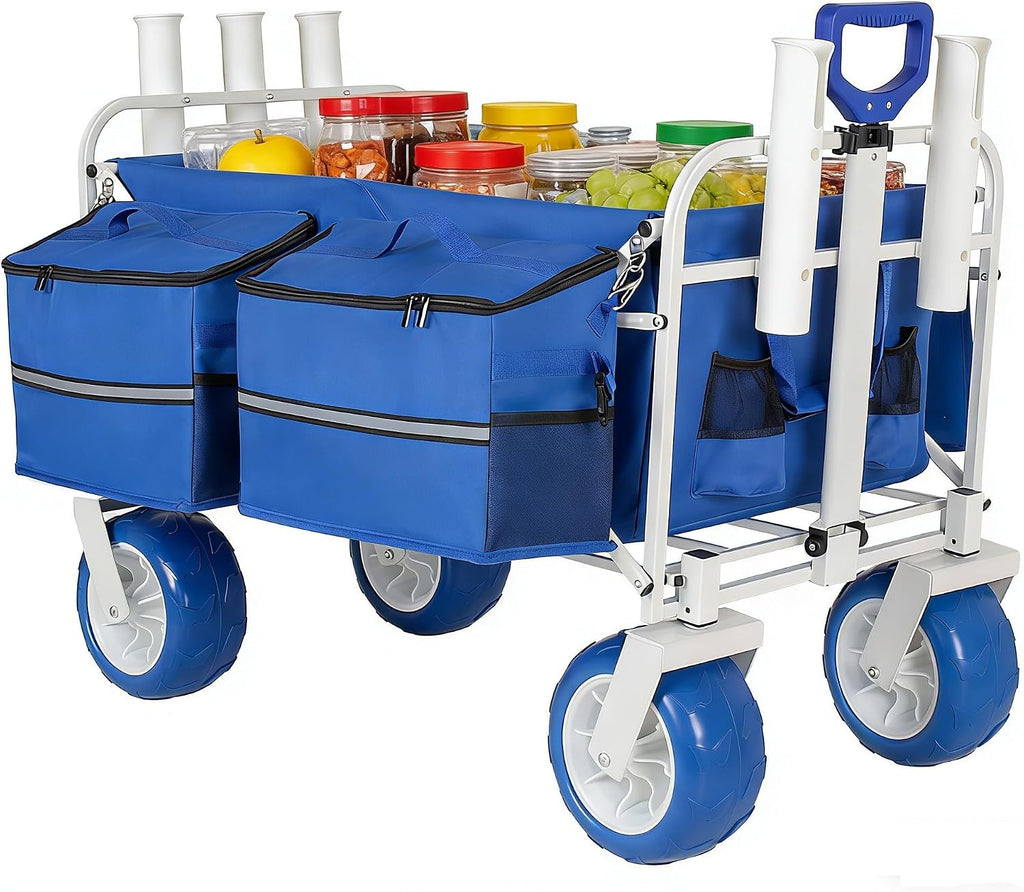 Beach Wagon Cart with Rod Holders & 9' All-Terrain Wheels, 500lbs Heavy Duty Collapsible Folding Utility Wagon with Cooler Storage Bags, Adjustable Handle for Beach Camping Fishing Outdoor Sports