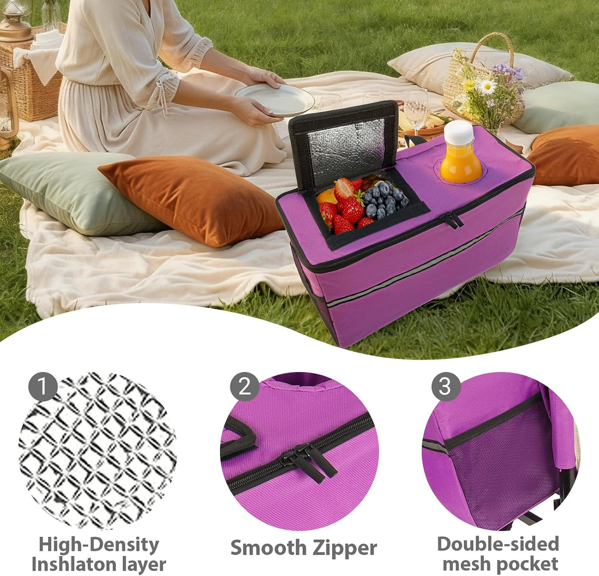3-in-1 Convertible Folding Wagon Cart with Bench Seat & Storage - Includes 1 ice Pack, 500lbs Heavy-Duty Utility Wagon, All-Terrain Wheels for Camping, Beach, Sports, Garden (Purple)