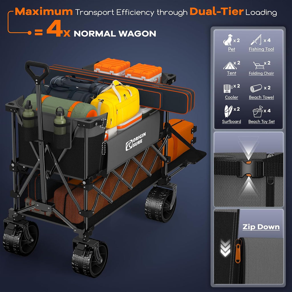 Originsure 400L Double Decker Wagon Collapsible with 54' L Tailgate, 560lbs Heavy Duty Carts Foldable, Extra Large Folding Beach Wagon with Big All-Terrain Wheels for Camping, Sports, Grey&Black