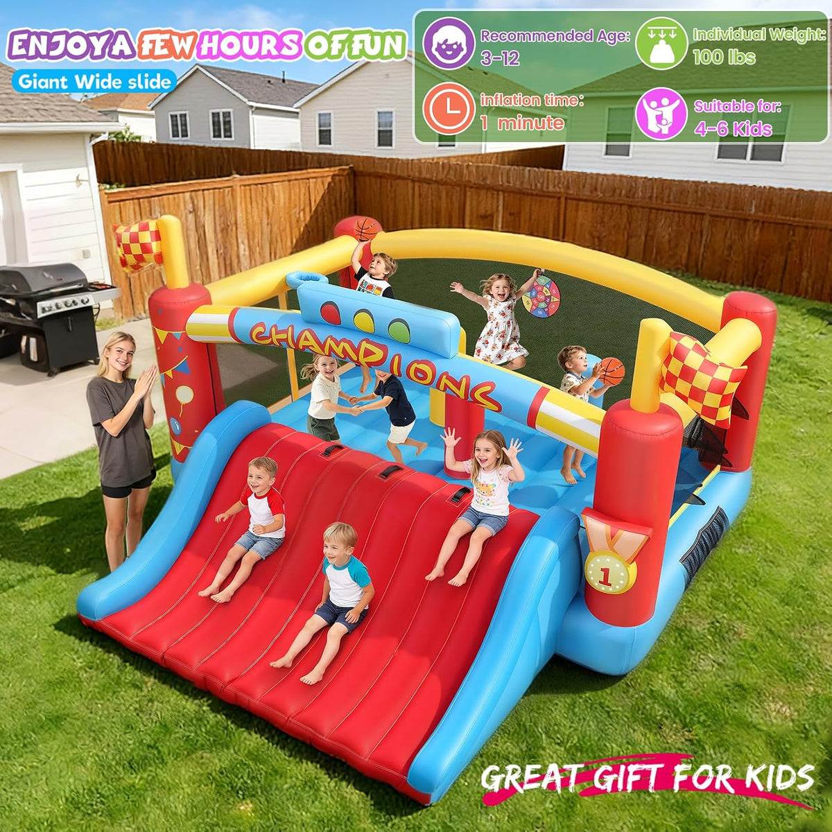 AKEYDIY Inflatable Bounce House,13.4ft x 13ft Kids Bouncy House with Extra Wide Slide&Climbing Wall, Bounce House for Big Kids 8-12,Outdoor/Indoor Kids Bouncy Castle for Holiday, 550W Blower Included