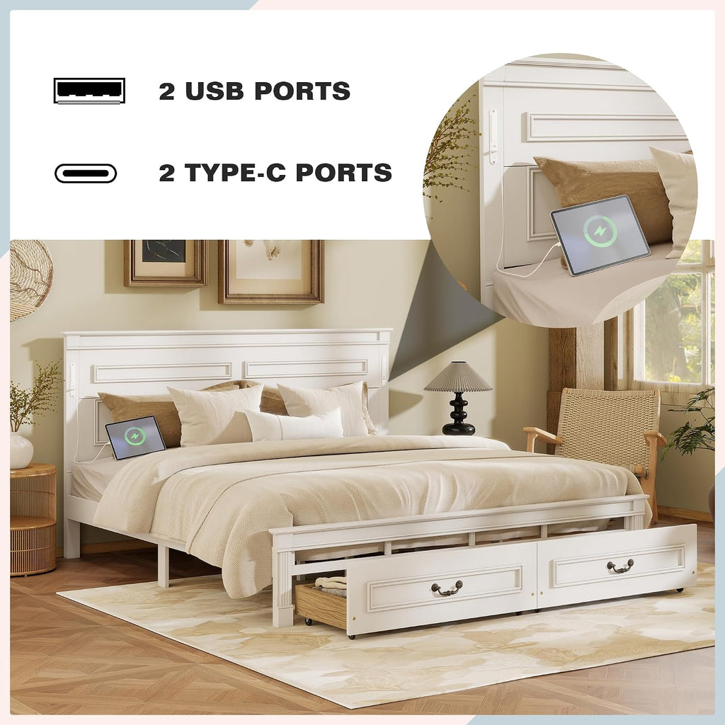 King Size Platform Bed with 2 Drawers, LED Light & Charging Station, Sturdy Wood Bed Frame with Headboard, No Box Spring Needed, Elegant Rustic Style, White
