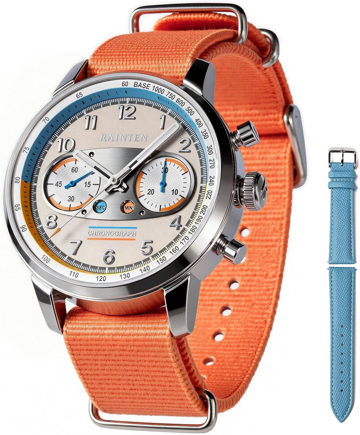 RAINTEN Chronograph Watch, Mechanical Watch for Men, Case 40mm, Seagull St19 | Stainless Steel with Genuine Leather Strap and Sapphire Crystal, Nylon Strap, Gifts- R9032, R9031B, R9031, R9031A