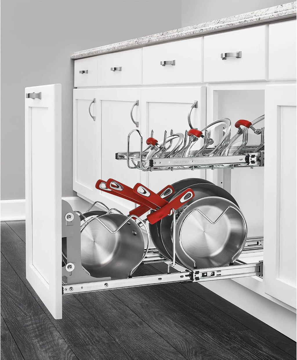 Rev-A-Shelf 2-Tier Kitchen Cabinet Pullout, Cabinet Organizer for Pots, Pans, and Lid Cookware, Adjustable Heavy Duty Wire, Chrome, Min Opening Width of 20.5', 5CW2-2122-C