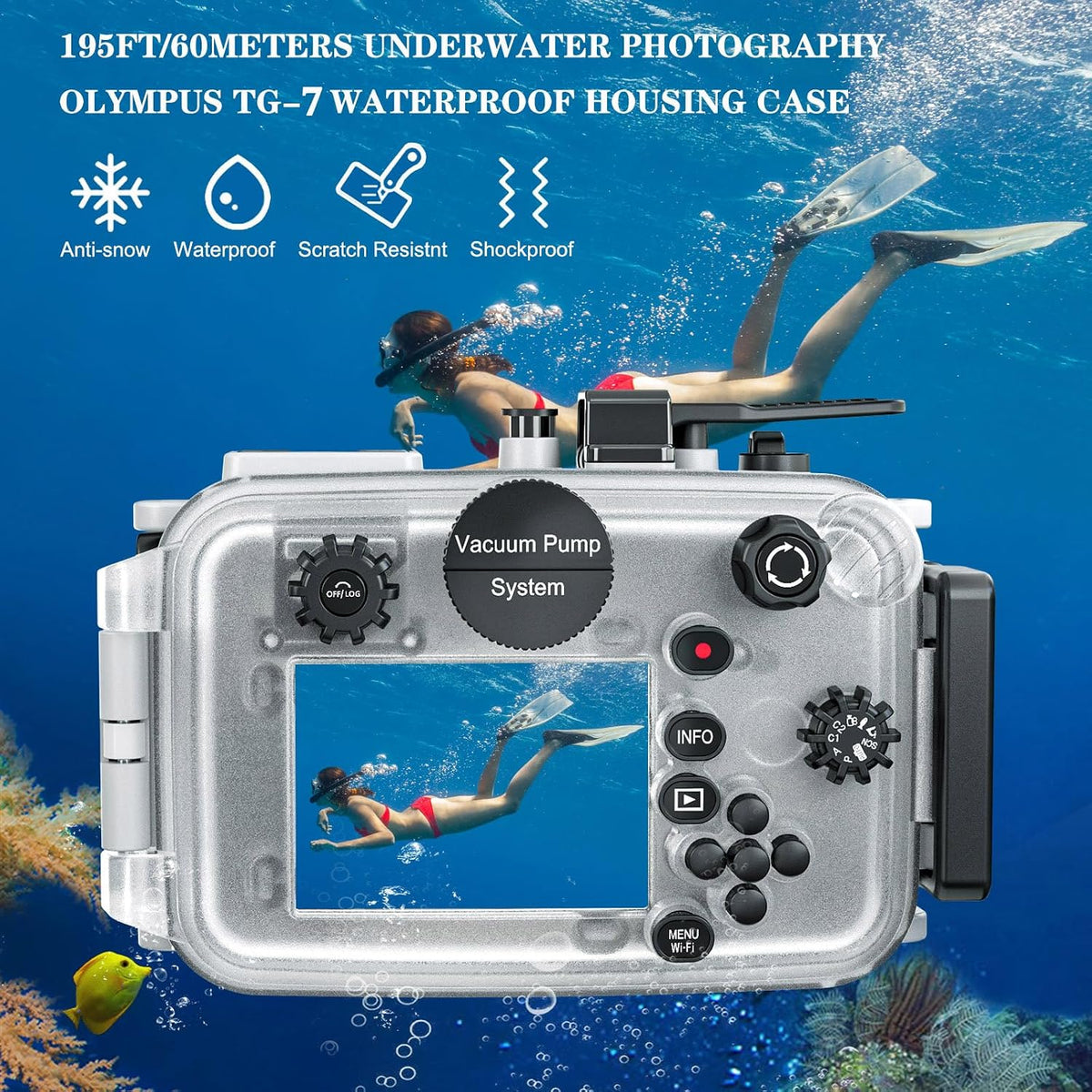 TG-7 Underwater Camera Housing Case, 60m/195ft Waterproof, PC Material with O-Ring Seal, Compatible with Olympus OM System Tough TG-7 (White)