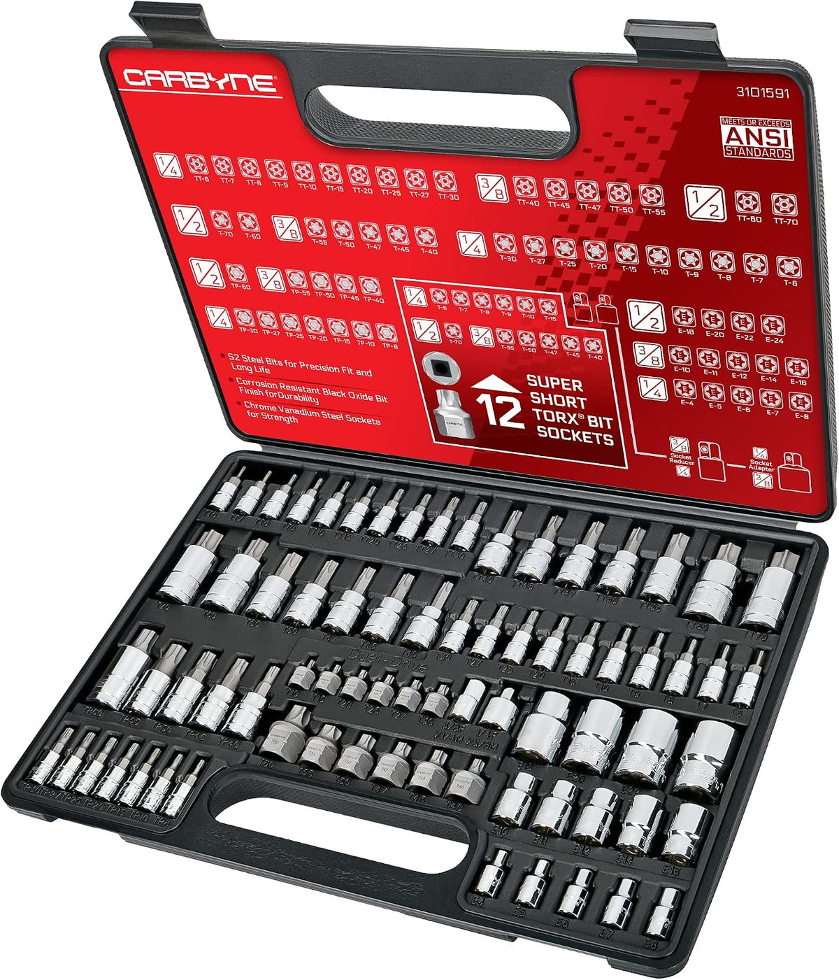 CARBYNE 74-Piece Master Torx Bit Socket Set and E-Torx Socket Set, Stubby Low Profile Super Short T10-T60, Standard T6-T70, Tamper TT6-TT70, Plus TP8-TP60, S2 Steel, Genuine Licensed Torx