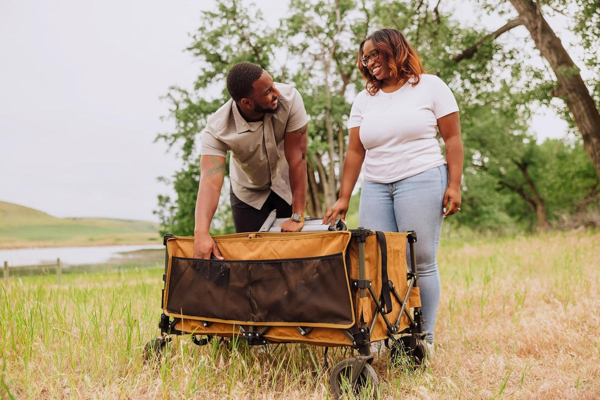 PICNIC TIME Wilderness Wagon Collapsible Folding Wagon, Outdoor Wagon Cart, Sport Utility Wagon, (Brown & Gray)