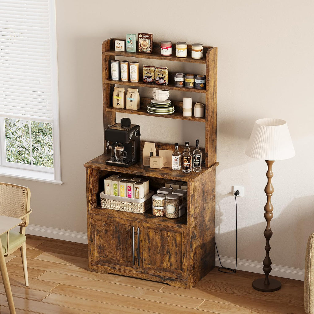 Bakers Rack with Storage Cabinet, Farmhouse Microwave Stand with Power Outlets, Small Kitchen Bakers Rack with Thick Table Top, Coffee Bar Station for Dining Room, Retro Brown