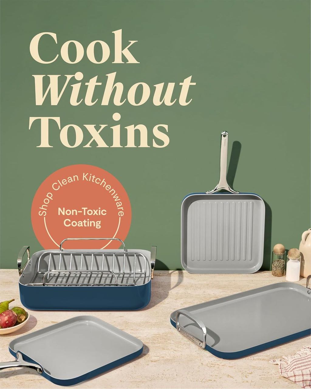 Caraway Square Cookware Set - Square Pans Set - Perfect for Griddling, Toasting, Searing, Roasting, and More - Non-Stick Ceramic Coated Pans - Non Toxic, PTFE & PFOA Free - Navy