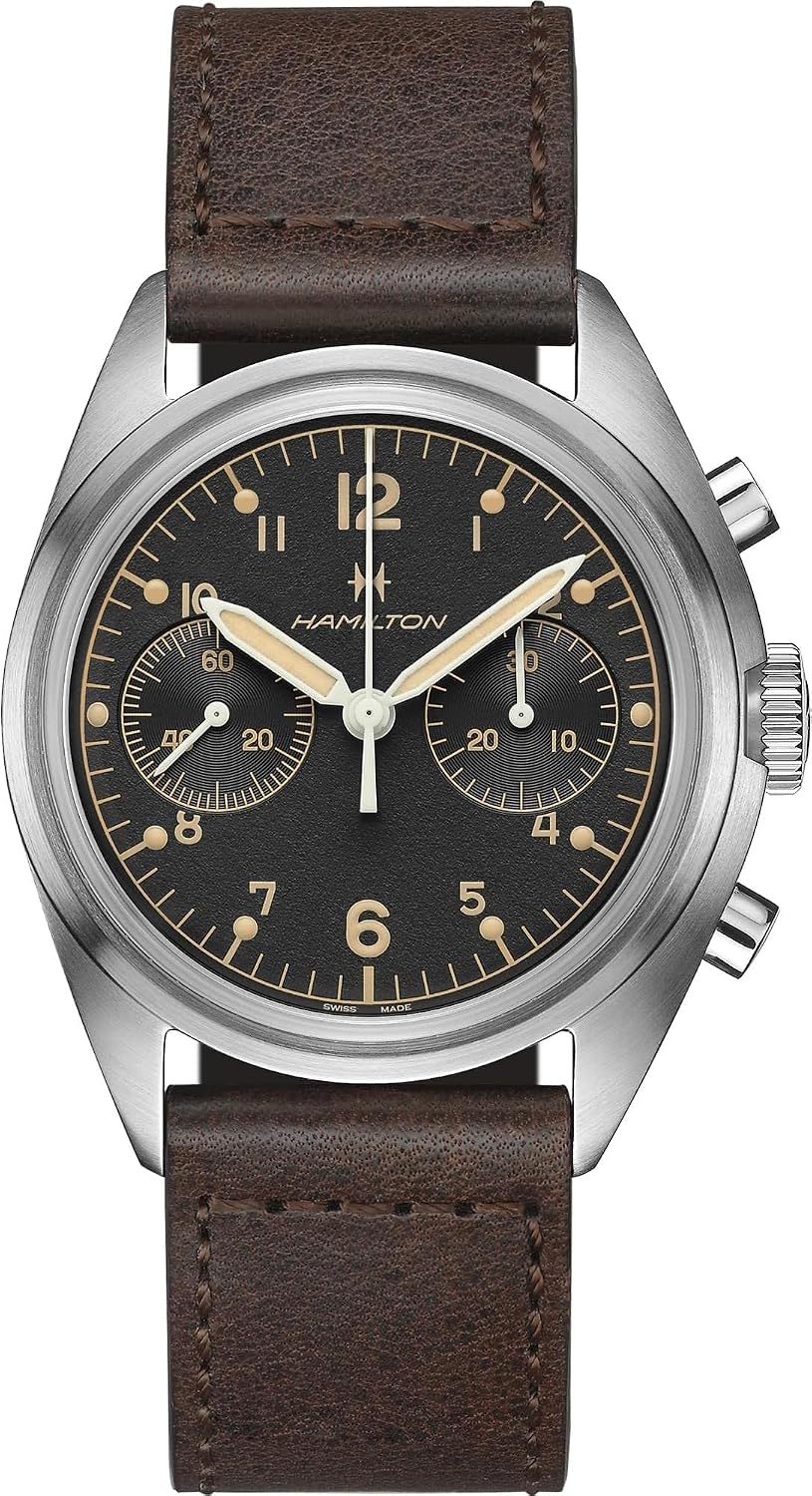 Hamilton Khaki Aviation Pilot Mechanical Men's Watch, 40mm Stainless Steel Case, Swiss Made, Black Dial Analog Wrist Watch for Men, 100m Waterproof, Sapphire Crystal, Cow Leather Strap