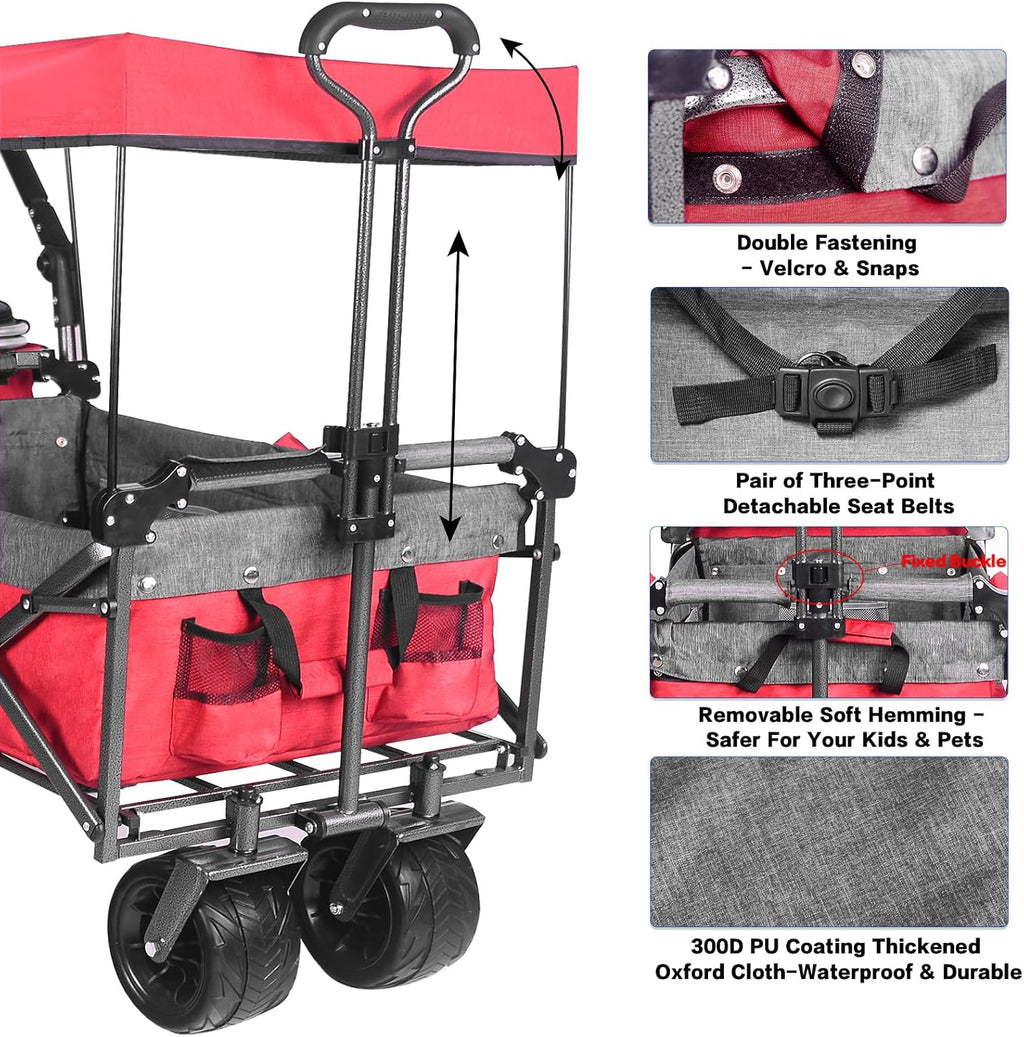 Collapsible Wagon Heavy Duty Folding Wagon Cart with Removable Canopy, 4' Wide Large All Terrain Wheels, Brake, Adjustable Handles,Cooler Bag Utility Carts for Outdoor Garden Wagons Carts Beach Cart