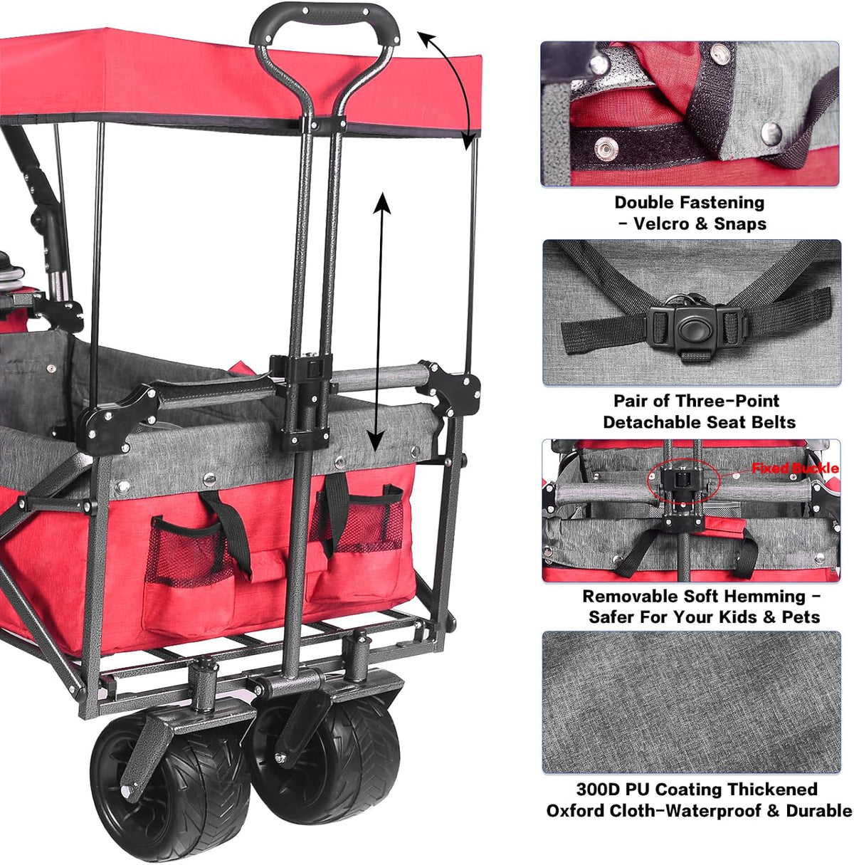 Collapsible Wagon Heavy Duty Folding Wagon Cart with Removable Canopy, 4' Wide Large All Terrain Wheels, Brake, Adjustable Handles,Cooler Bag Utility Carts for Outdoor Garden Wagons Carts Beach Cart