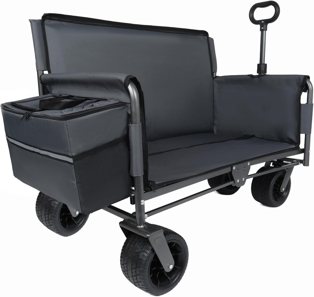 3 in 1 Folding Wagon Cart with Bench Seat Storage Patent Protection Includes 1 ice Pack, 500lbs Heavy Duty Utility Wagon, 180L Capacity All Terrain Wheels for Camping, Beach, Sports, Garden, Gray