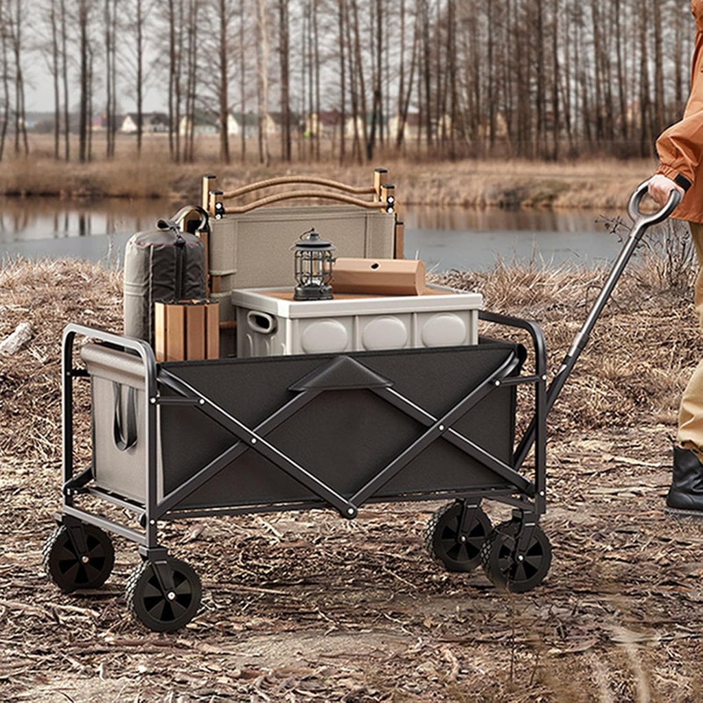 Black Garden Carts,Collapsible Wagon,Sports Outdoor Utility Wagon Folding Garden Wagon Sports Steel Frame Foldable Yard Car Side Pockets Foldable Table Board Camping Cart