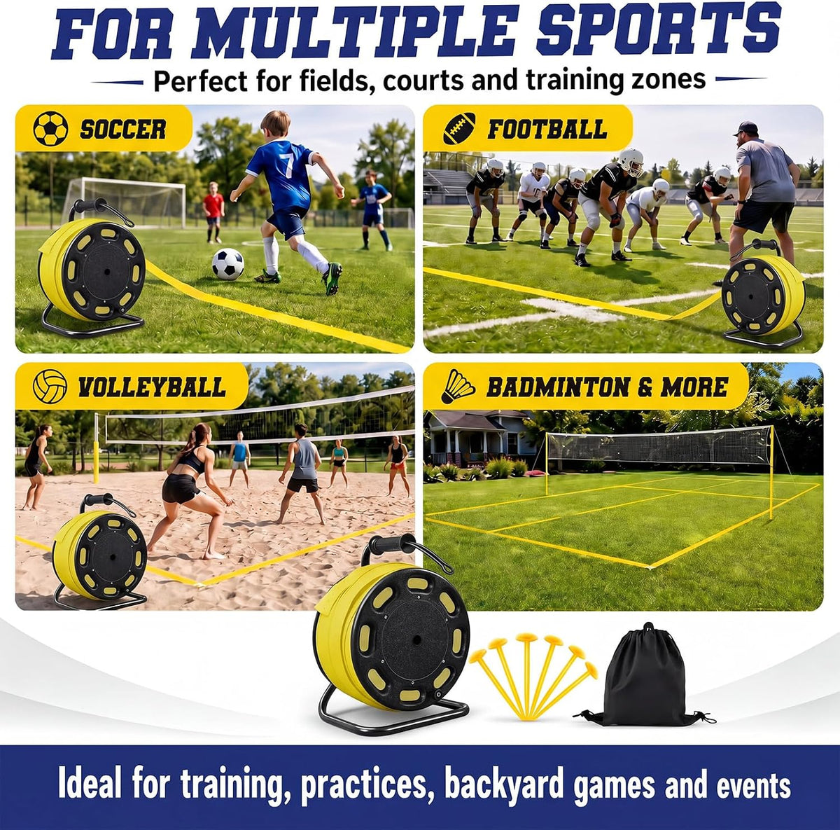 Shimeyao 328 ft Field Marking Tape Kit Stretchable Sports Boundary Rope with Ground Stakes Portable Durable Court Line Marker for Soccer Football Beach Volleyball Badminton Outdoor
