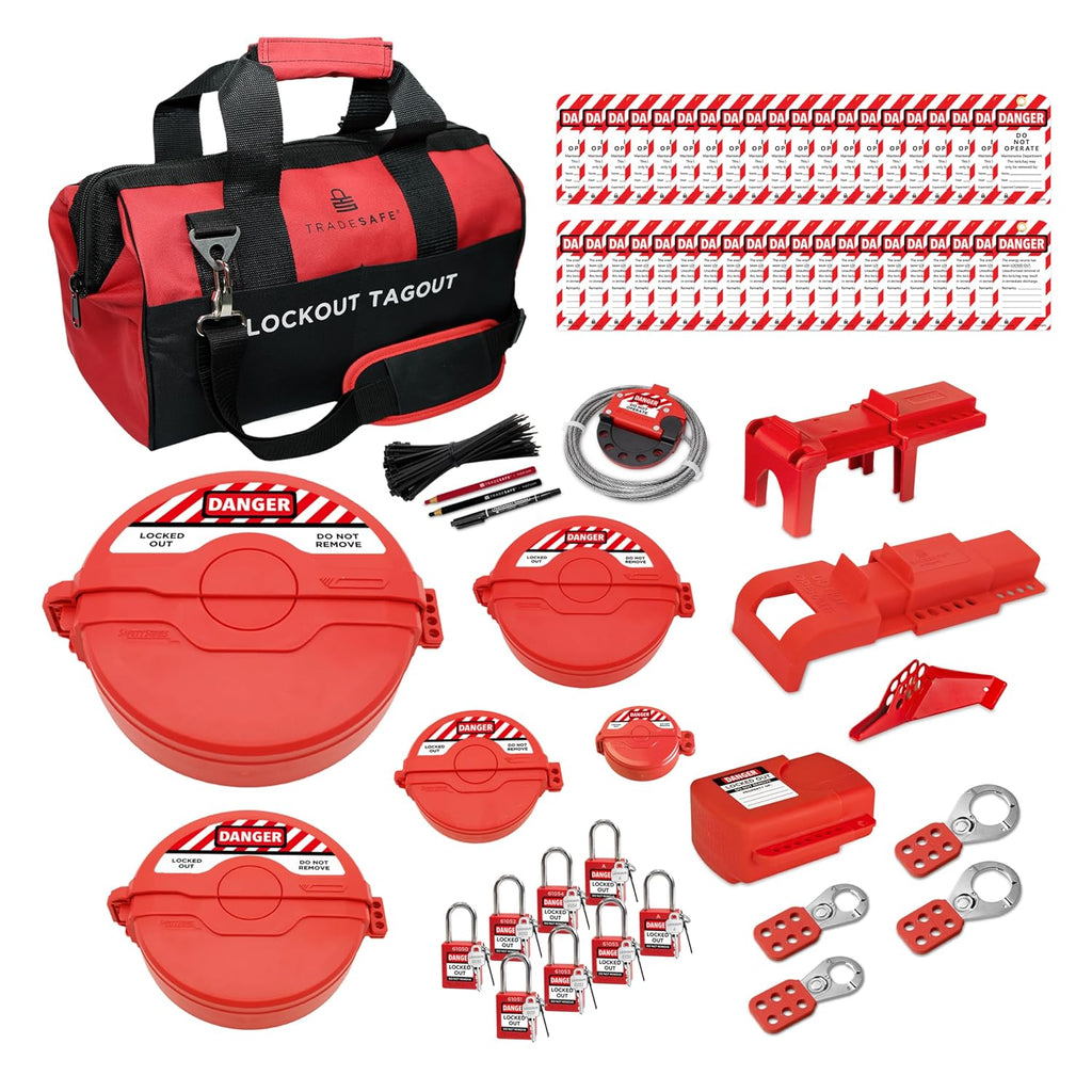 TRADESAFE Valve Lockout Tagout Kit - 55 Loto Devices, Ball, Butterfly, and Gate Valve Lockout Devices, Loto Locks, Cable Lock, Hasps, Tags, OSHA Compliant