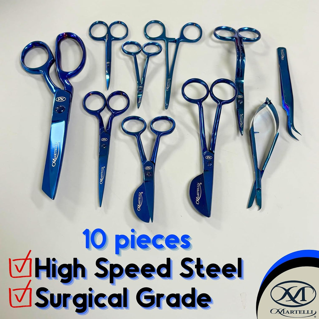 Martelli - 10 piece Stainless Steel Tailor Scissor Kit - Professional Sewing Shears for Fabric Cutting - Quilting and Fashion Design (BLUE) Quilters Shears