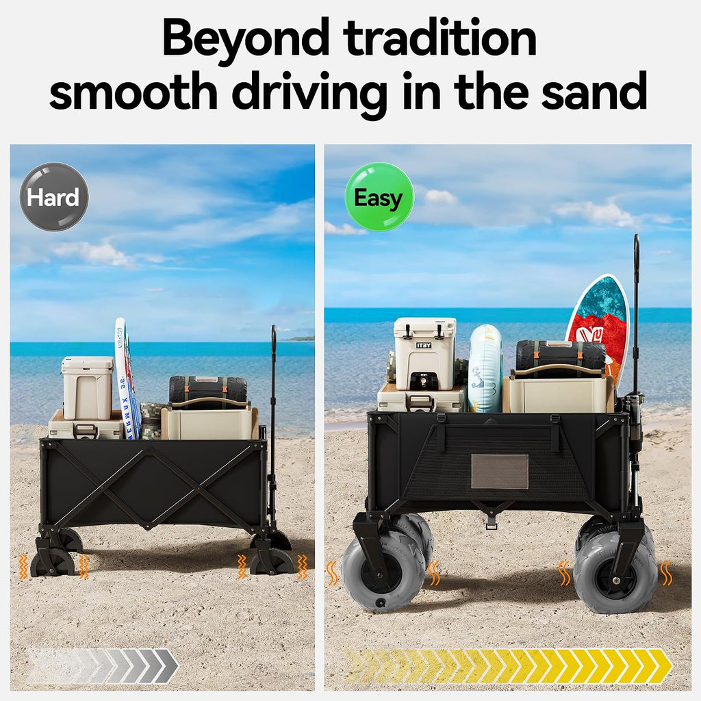 DXZ Beach Wagon Cart with Big Wheels for Sand – Folding Collapsible Wagon, Heavy Duty Wagons Carts Foldable for Beach, Camping, Outdoor Gear, Easy Setup Black Grey