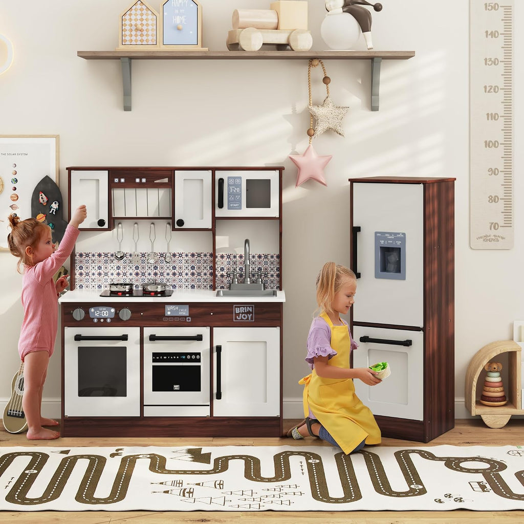 BRINJOY 2-Piece Kids Kitchen Playset, Wooden Play Kitchen Set for Toddlers, Modular Pretend Play Kitchen w/Light&Sound Stove Oven, Large Kitchen Cooking Toy w/Refrigerator, Gift for Girls Boys
