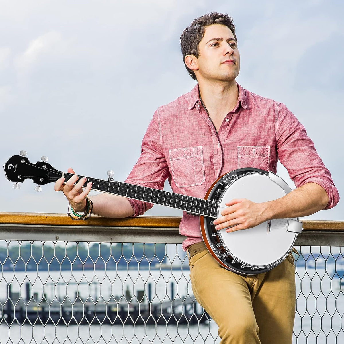 Vangoa LEFT-HANDED Banjo 5 String Mahogany Open Back Banjo with Resonator, Remo Drum Head, Geared 5th String Beginner Kit with Manual, Full Size