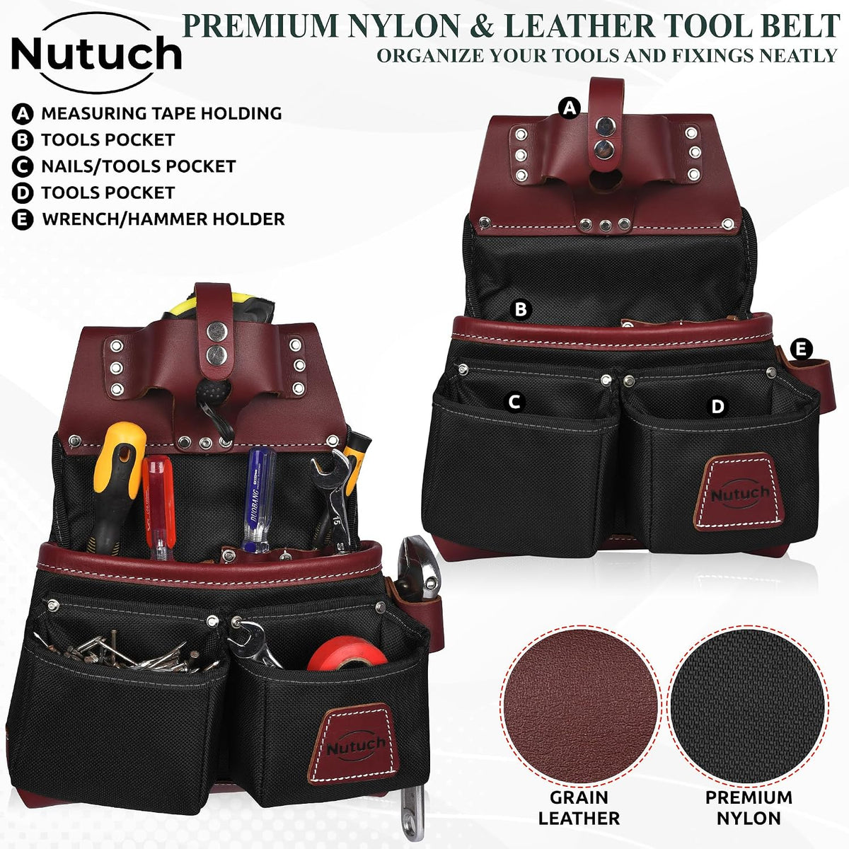 Nylon and Leather Tool Belt | Nylon Tool Pouch | Carpenter Tool Belt | Construction | Framers | Electrician Tool Belts | Drywall Tool Bags | Handyman | Electric (BLACK)