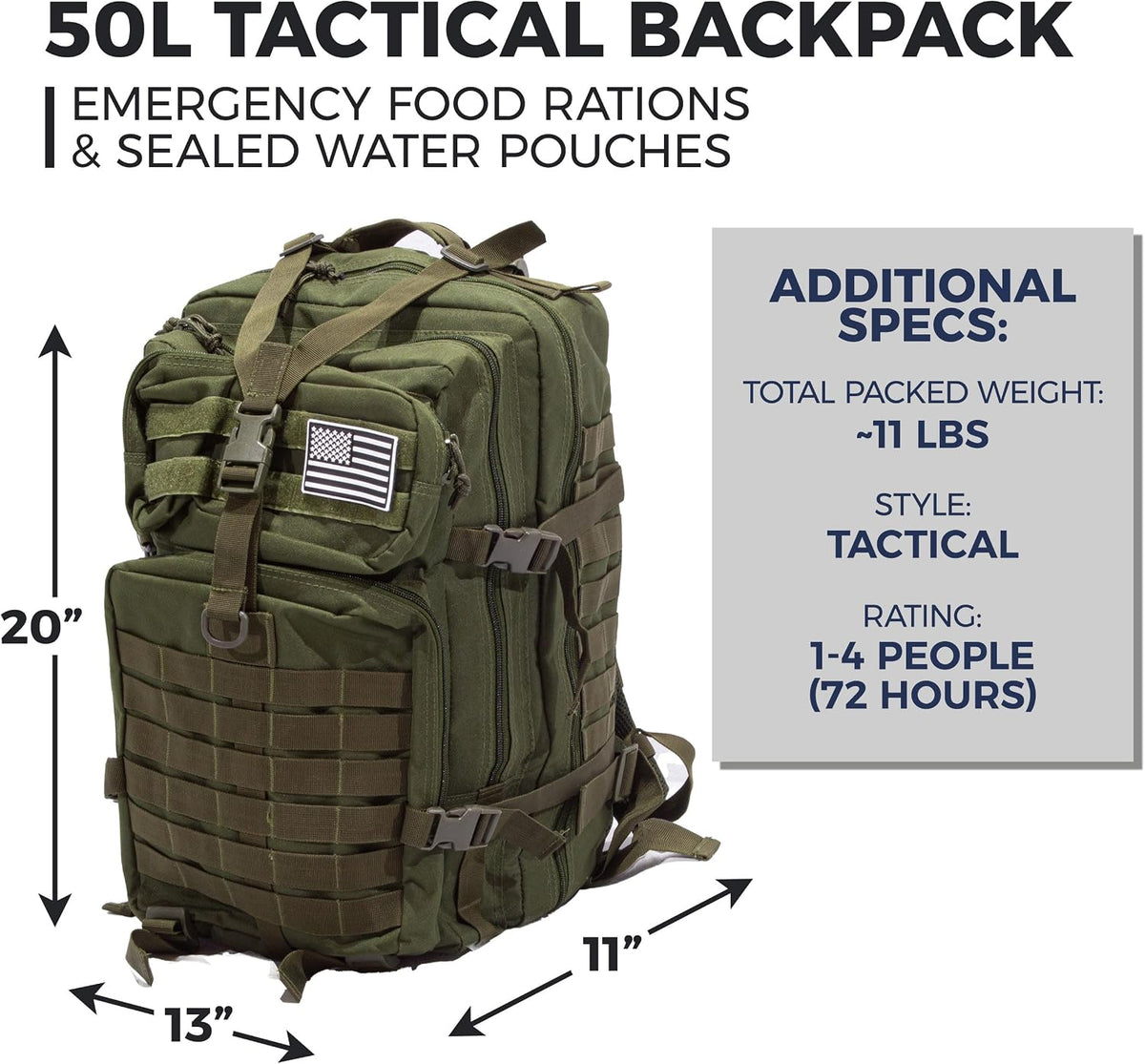 Sirius: Bug Out Bag Starter Kit - 72 Hour Kit for 1 Person – Backpack Survival Kit – 50L Tactical Backpack, US Made Food & Water, Medical Supplies & Survival Tools
