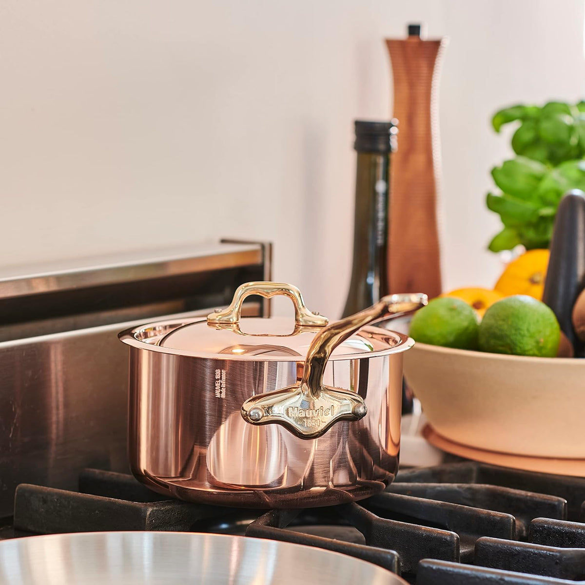 Mauviel M'Heritage 150 B 1.5mm Polished Copper & Stainless Steel 14-Piece Cookware Set With Brass Handles, Made In France