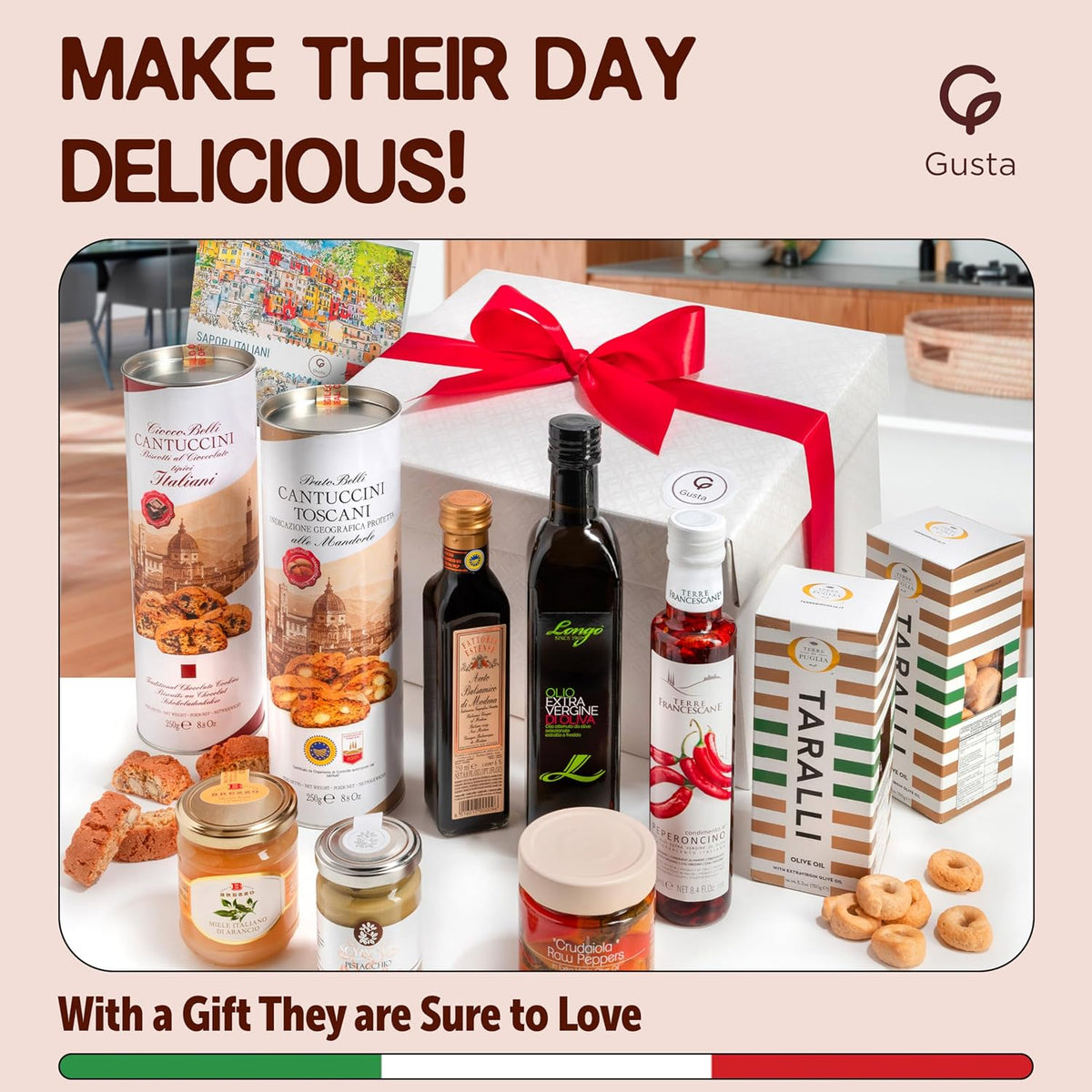Gusta Italian Gift Basket in Deluxe Packaging - Made in Italy - Holiday Gift for Birthdays, Families, Clients, Parties, Housewarming, Client Thank You & Sympathy Gift Baskets
