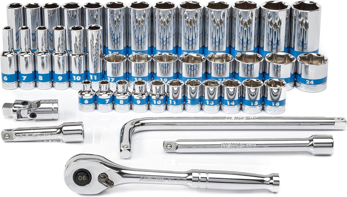 NEIKO 02512A 3/8' Drive Socket Set with Quick Release Ratchet (90 Tooth), 43 Piece Standard and Deep Metric Sizes, 6mm to 24mm, 6 Point, Universal Joint, 3/8' Extension Bars, CR-V Steel (Pack of 4)