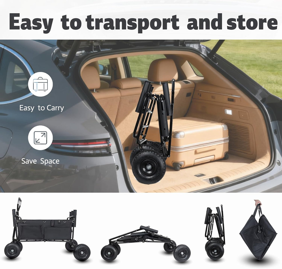 Fishing Cart Beach Cart Collapsible Wagon with 9.85' All-Terrain Wheels for Sand, Heavy Duty Foldable Utility Cart 550LBS Capacity with Rod Holders for Camping, Garden, Grocery, Outdoor Sports(Black)