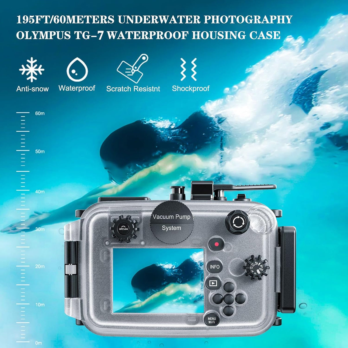TG-7 Underwater Camera Housing Case, 60m/195ft Waterproof, PC Material with O-Ring Seal, Compatible with Olympus OM System Tough TG-7 (Black)