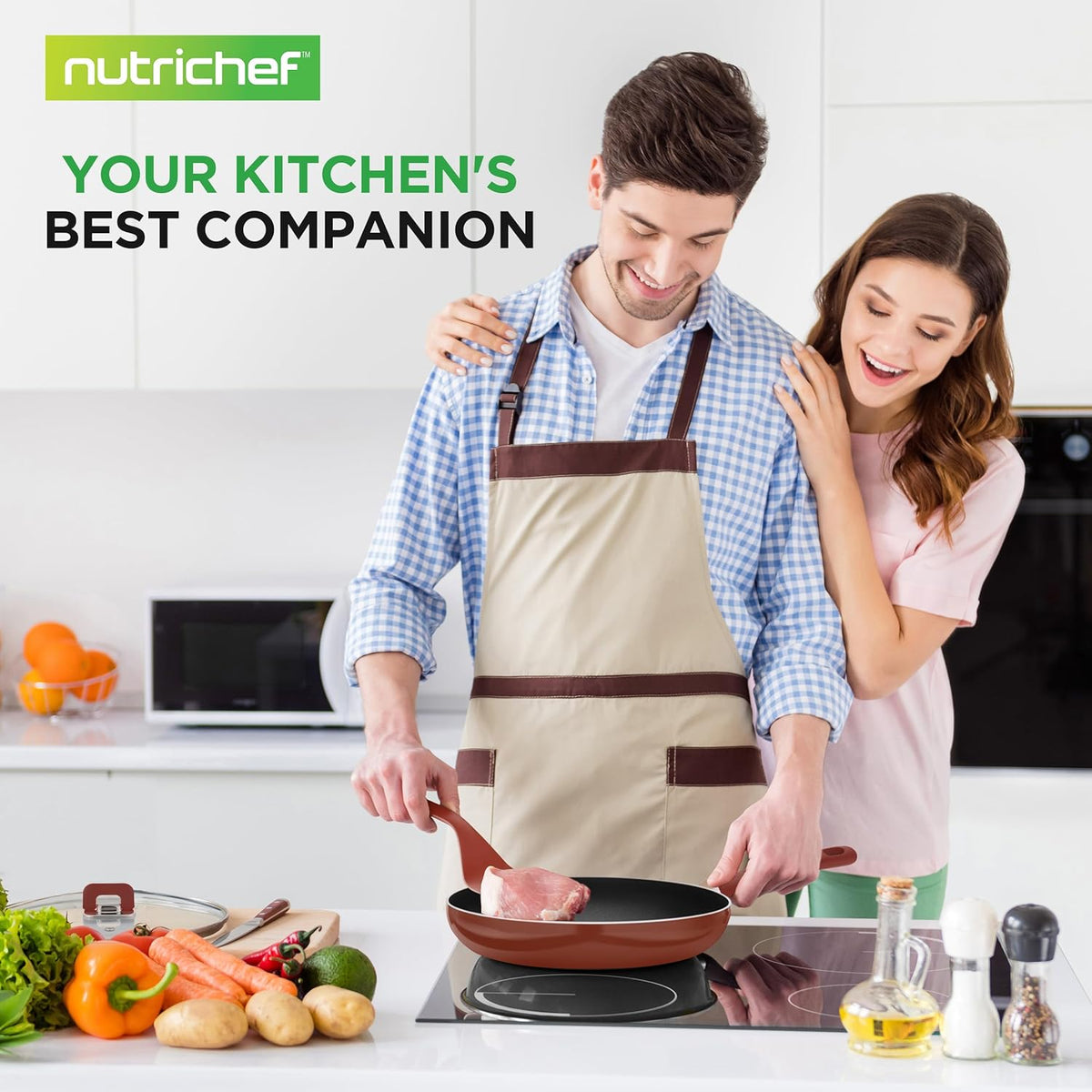 NutriChef 17pcs Brown Stackable Pots and Pans Set, Nonstick Induction Cookware, Space Saving Cookware, Easy Clean, Ideal For RV and Camper, Includes a Foldable Steamer Basket and Cooking Utensils