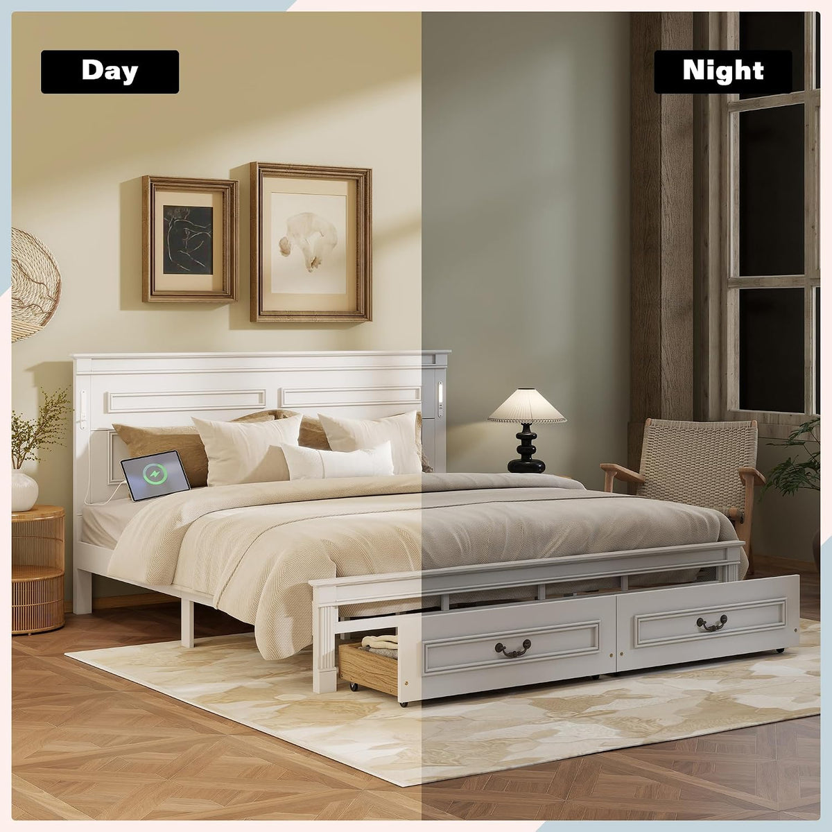King Size Platform Bed with 2 Drawers, LED Light & Charging Station, Sturdy Wood Bed Frame with Headboard, No Box Spring Needed, Elegant Rustic Style, White